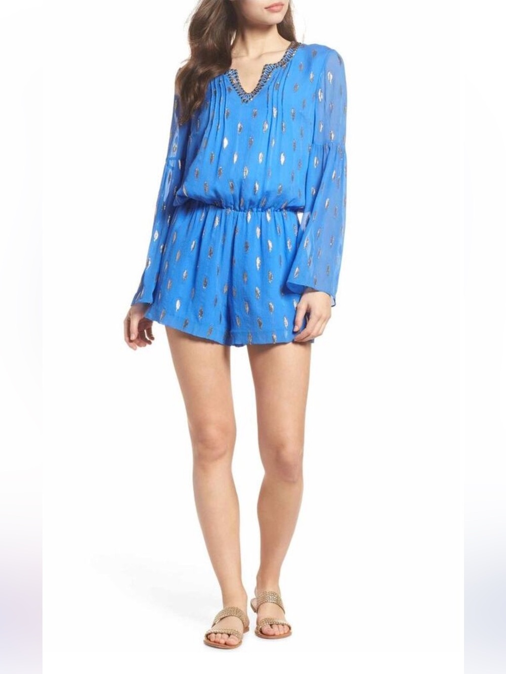 Lilly Pulitzer Ariele Blue Romper Gold Diamond Metallic Size M EUC